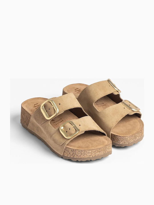 Leder Flache Sandalen Für Damen Beiges