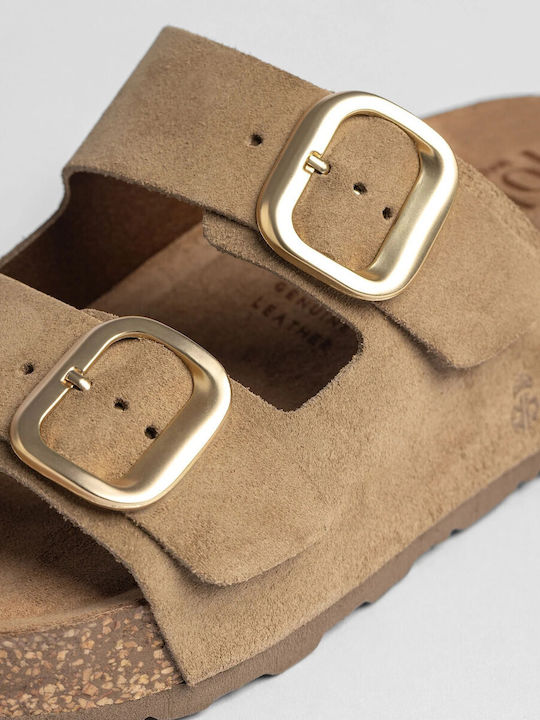 Leder Flache Sandalen Für Damen Beiges
