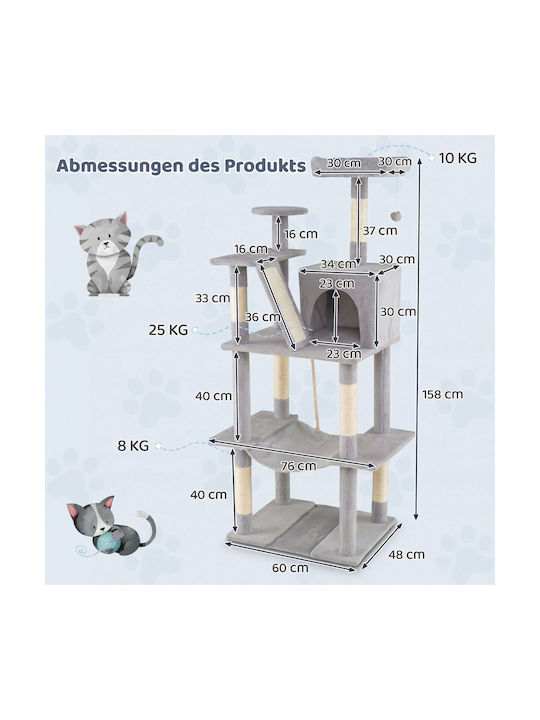 Costway Stâlp Pentru Zgâriere Copac Pentru Pisici Gri Cu 6 Niveluri 158x48x60cm