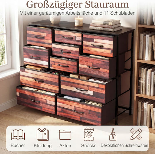 Bedroom Chest of Drawers Made of Wood & Metal with 11 Drawers Black with Fabric Covering 100x30x82cm