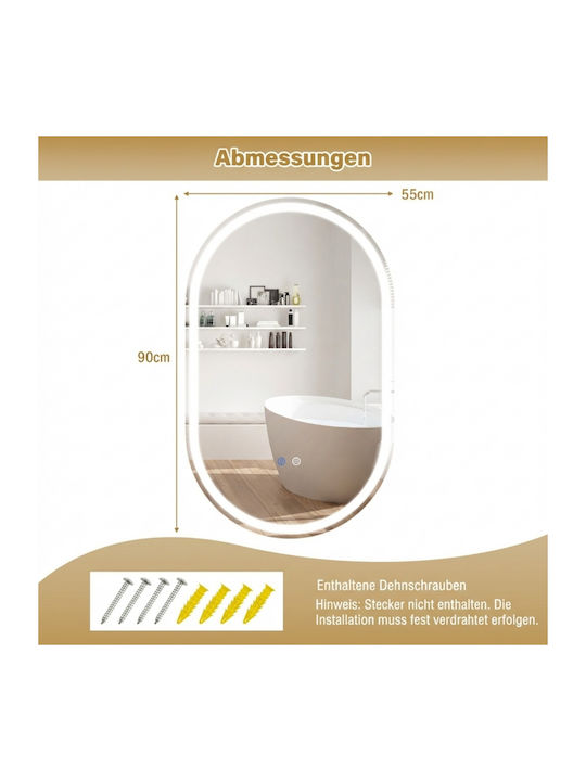 Costway Овално Огледало За Баня LED Touch 90x55cm Бял