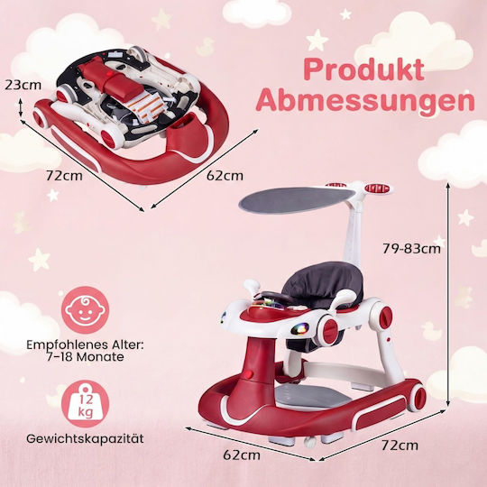 Costway Baby Walker 7 in 1 Canopy Adjustable Height Speed Foldable Bordeaux 79-83 x 62 x 72 cm Bc10310re