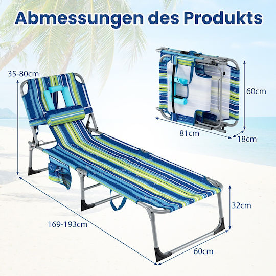 Costway Foldable Garden Sunbed Face and Arm Opening Adjustable Back Blue Striped 35–80 X 60 X 169–193 Cm Np13349tw