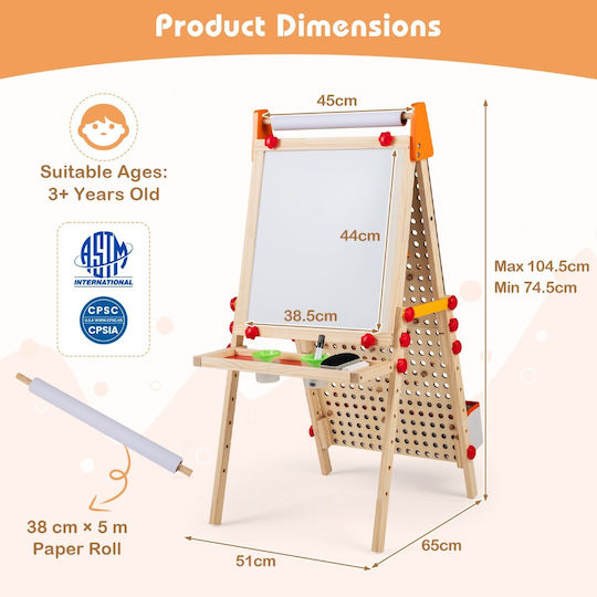 Costway Kids Wooden Drawing Board 3 in 1 Double Sided Magnetic Whiteboard Natural 74 5-104 5 x 51 x 65 cm Hy10441