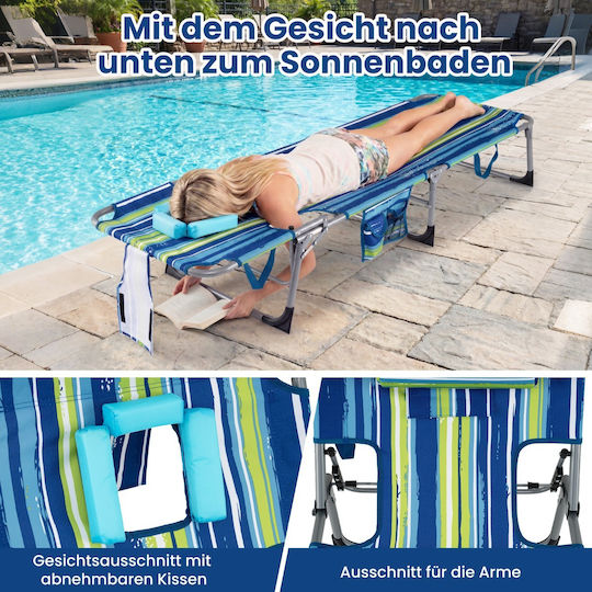 Costway Foldable Garden Sunbed Face and Arm Opening Adjustable Back Blue Striped 35–80 X 60 X 169–193 Cm Np13349tw