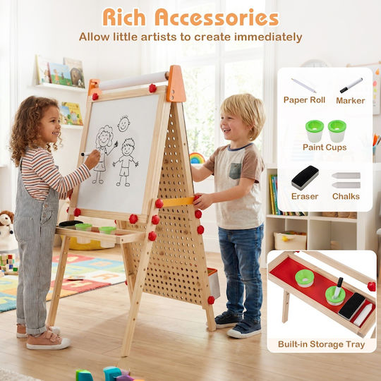 Costway Kids Wooden Drawing Board 3 in 1 Double Sided Magnetic Whiteboard Natural 74 5-104 5 x 51 x 65 cm Hy10441