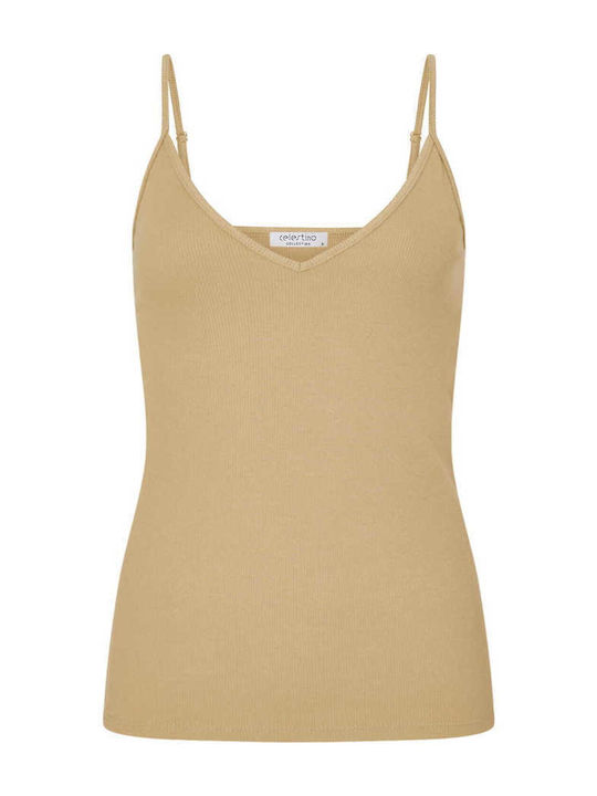 Celestino Women's Spaghetti Strap Rib V-Neck Slim Fit Dark Beige