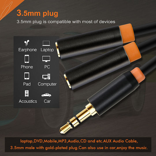 Cabletime Καλώδιο Ήχου 3.5mm male - 2x 3.5mm female Μαύρο 0.2m με Επίχρυσους Ακροδέκτες CT-AV309-P12G