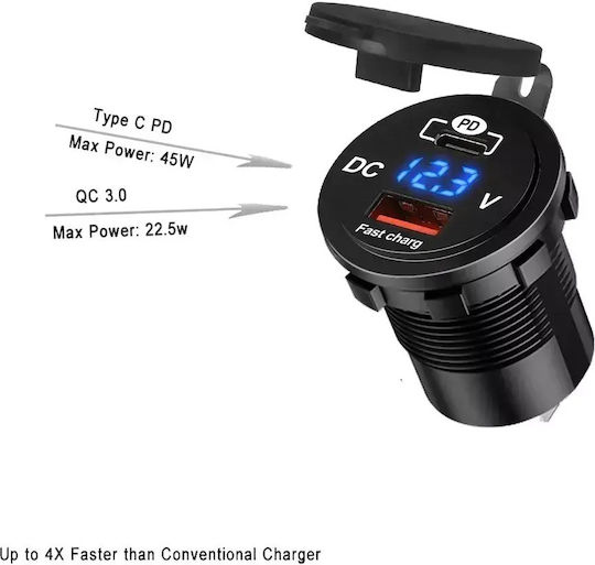 Wasserbeständiger Motorrad-Handy-Ladegerät mit Schnellladen mit USB- und USB-C-Anschlüssen mit Voltometer