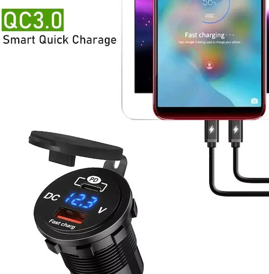 Wasserbeständiger Motorrad-Handy-Ladegerät mit Schnellladen mit USB- und USB-C-Anschlüssen mit Voltometer