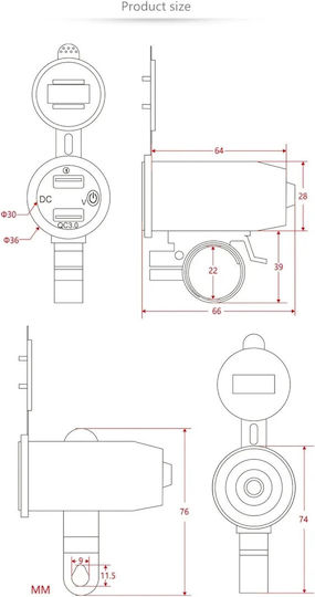 Wasserbeständiger Motorrad-Handy-Ladegerät mit Schnellladen mit USB-Anschlüsse 2x mit Voltometer