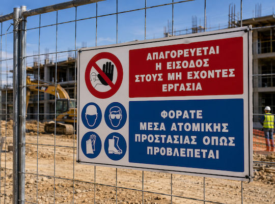 Απαγορευεται Η Εισοδος Στους Μη Εχοντες Εργασια Φορατε Μεσα Ατομικης Προσασιας Πινακιδα Αλουμινιου 60χ90 Infosign 11504