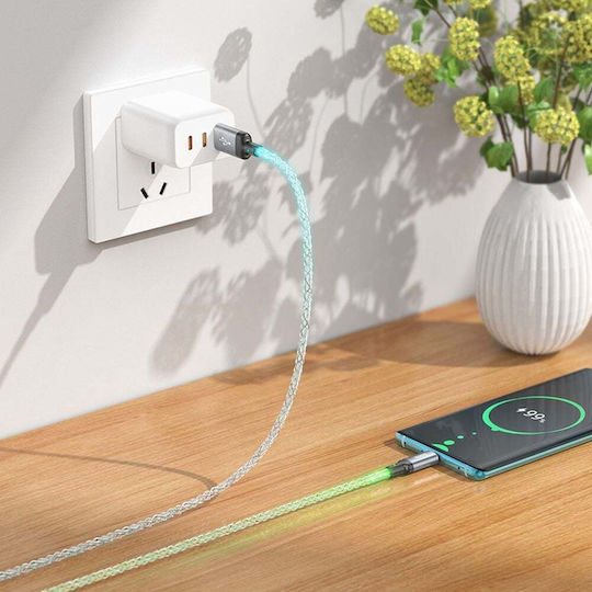 Hoco LED / Braided USB 2.0 Cable USB-C male - USB-C 12W Πολύχρωμο 1m U112