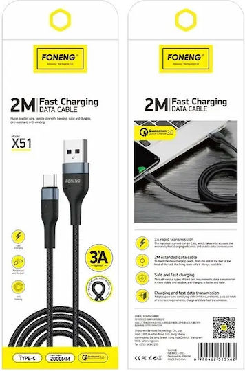 Foneng Cablu USB 2.0 X51 USB-C Masculin - USB-A Negru 2m
