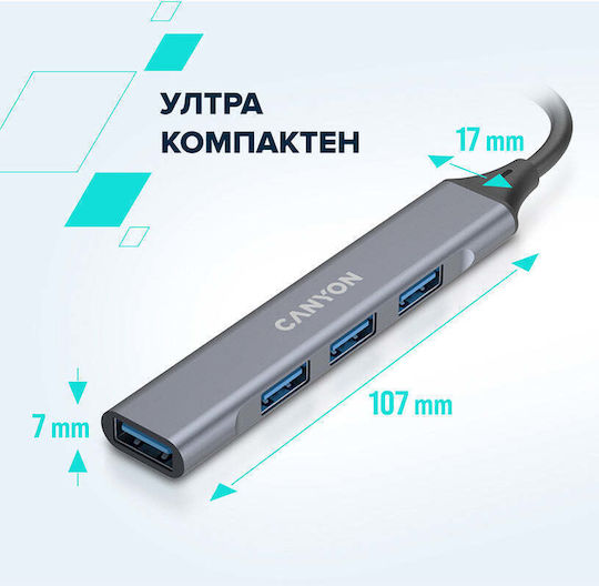 Canyon Hub 4 Θυρών USB 2.0 με σύνδεση USB-A Γκρι