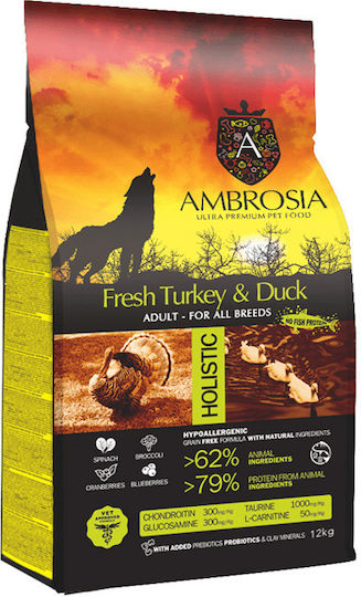 Ambrosia Fresh Turkey & Duck Adult All Breeds 2kg Hrană Uscată Dietetic, fără Cereale pentru Câini Adulţi Sterilizaţi cu Curcan și Rață
