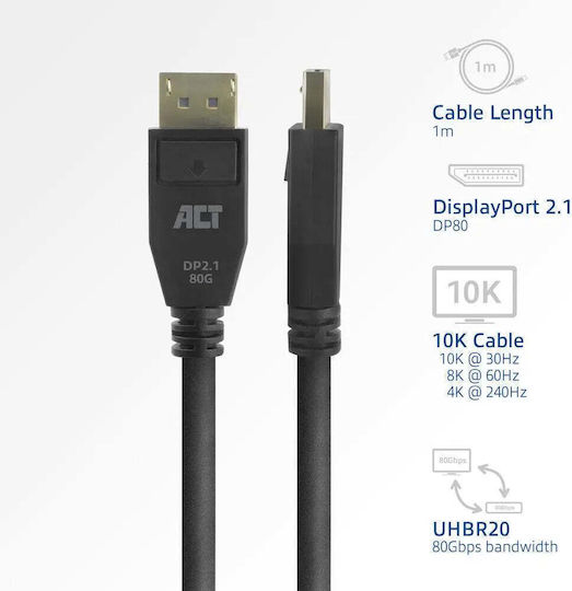 Кабел Act Ak4081 От DisplayPort Мъжки Към DisplayPort Мъжки 1м Черен 8K@60Hz