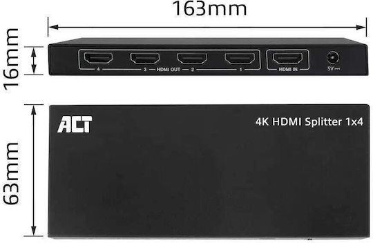 HDMI Сплитер ACT AC7832 От 1x HDMI F Към 4x HDMI F До 4K 3840x2160@50Hz Резолюция