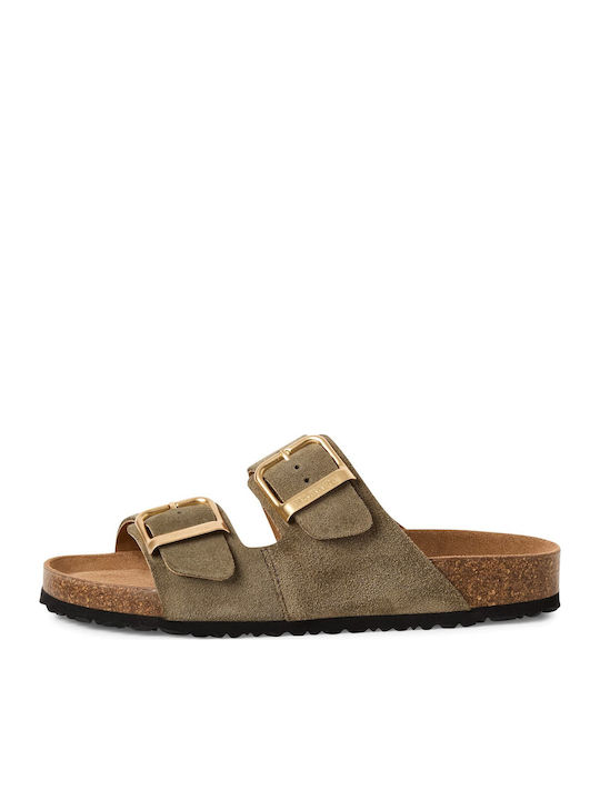 Leather Women's Flat Sandals Khaki