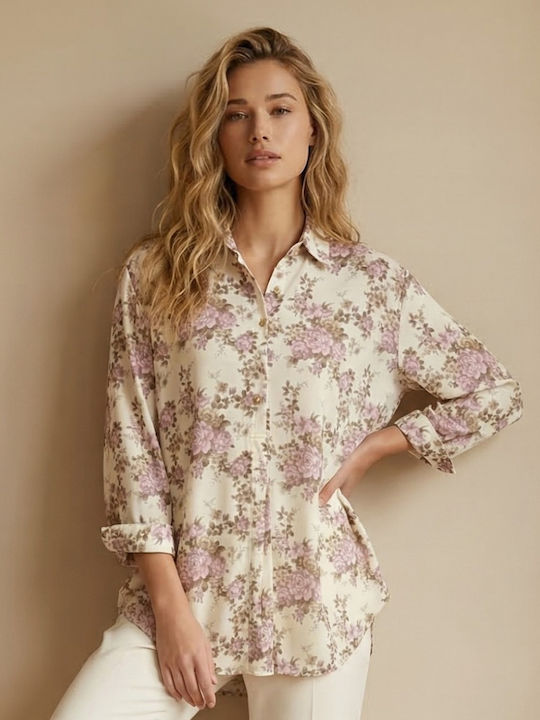 Long Sleeve Women's Denim Shirt Pink Floral