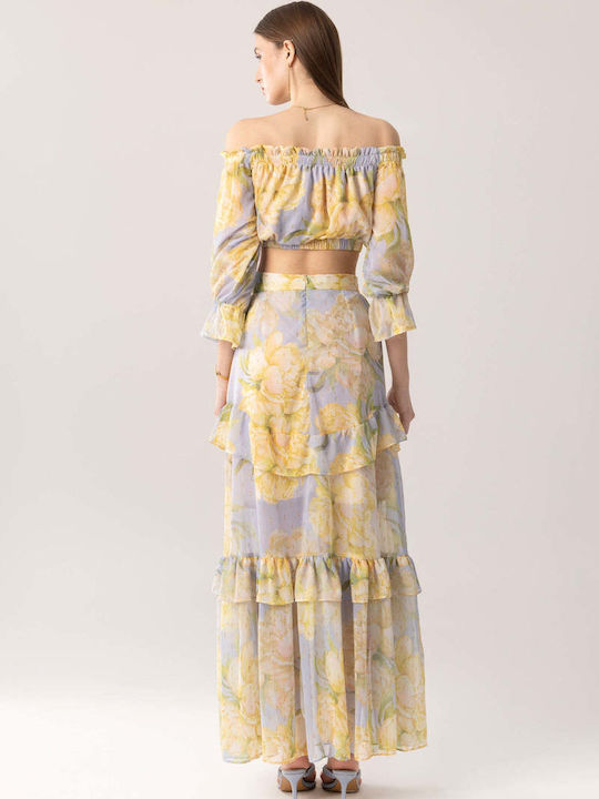High Waist Maxi Skirt Floral Light Blue
