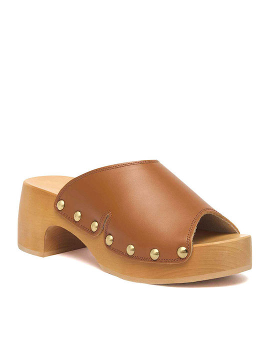 Pescura Leather Mules with Low Heel in Tabac Brown Colour
