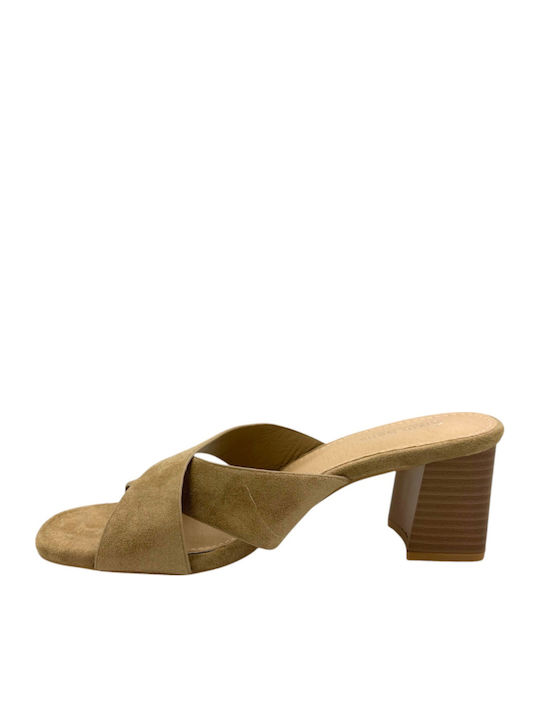 Suede Mules with Heel in Khaki Colour