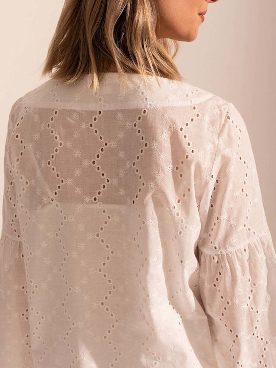 Bluza Damă Bumbac Mânecă Lungă Albă