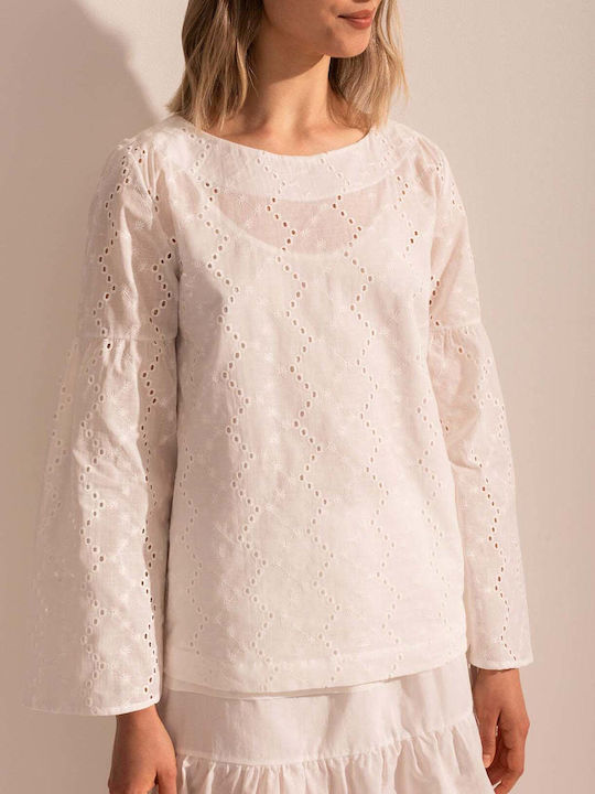 Bluza Damă Bumbac Mânecă Lungă Albă