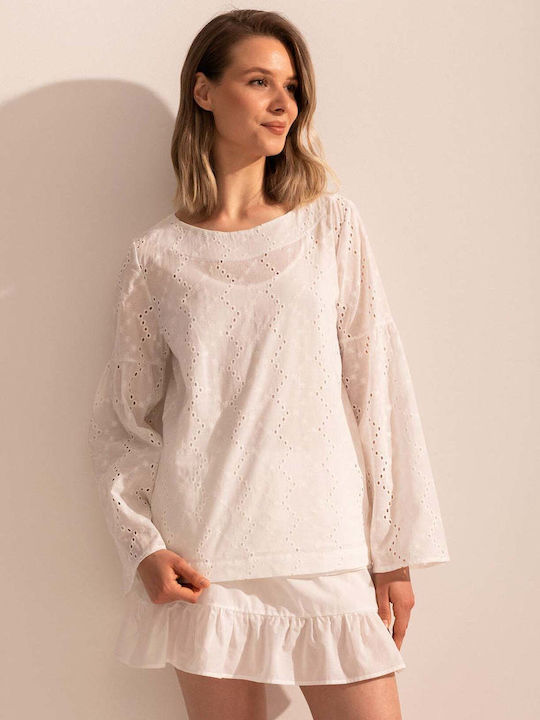 Bluza Damă Bumbac Mânecă Lungă Albă