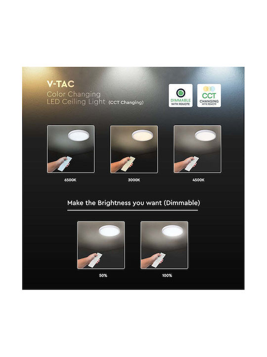 V-TAC Πλαφονιέρα Οροφής Λευκή με Ενσωματωμένο LED και Τηλεχειριστήριο