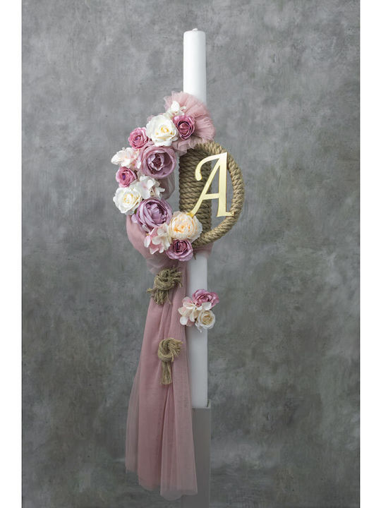 Loukia Λαμπάδα Βάπτισης "natural Rope & Roses" Μονόγραμμα Ε734