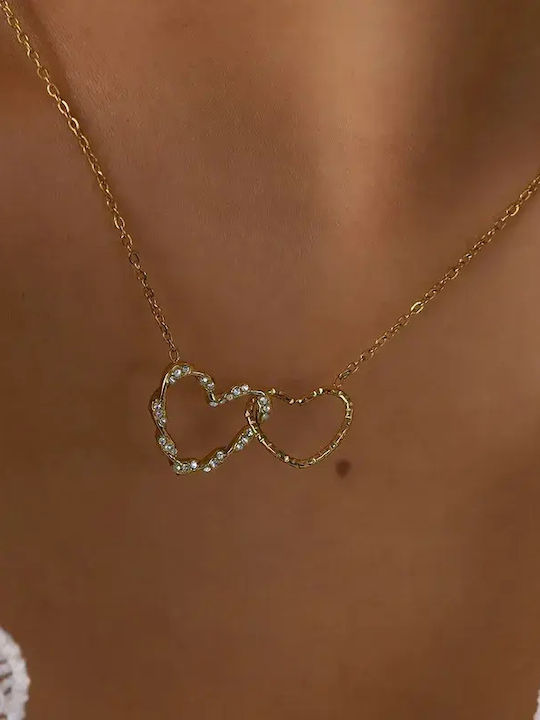 Double Necklace with Knitted Heart Design Gold Plated with Zircon