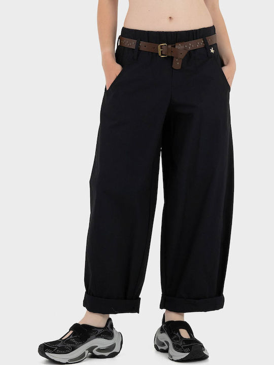 Damen Stoffhose in Balloon-Bein Stil Schwarz M39F0148-Schwarz