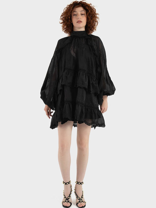 Mini Evening Dress with Lace and Ruffles Black