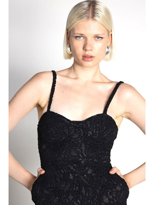 Summer Midi Evening Dress with Lace Black