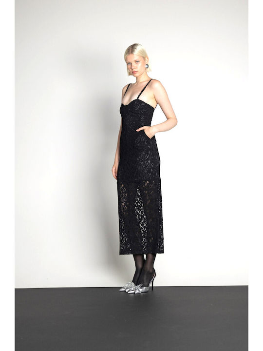 Summer Midi Evening Dress with Lace Black