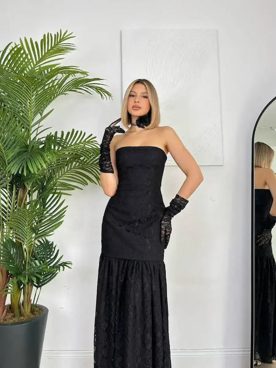 Καλοκαιρινό Maxi Φόρεμα για Γάμο / Βάπτιση Strapless με Δαντέλα Μαύρο