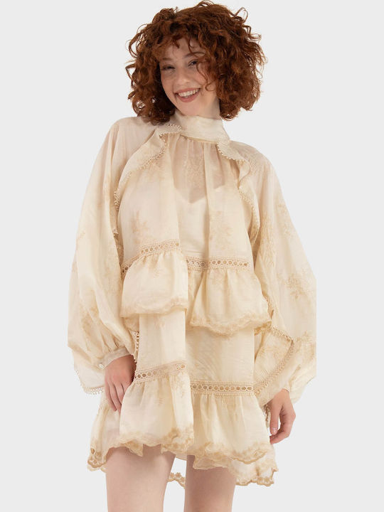 Mini Dress for Wedding / Christening with Lace Beige