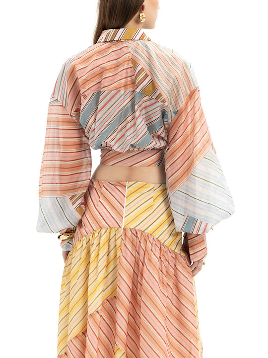 MY T Long Sleeve Women's Shirt White Blue Pink Striped