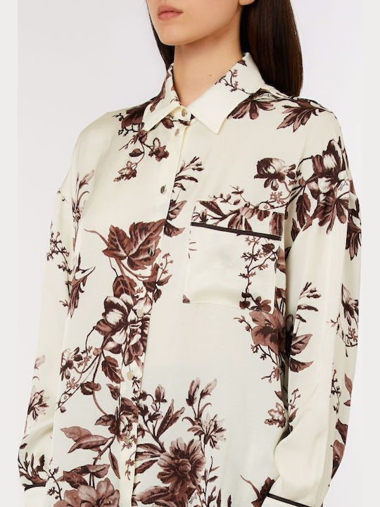 Langärmeliges Damen Seidenblumen-Hemd in Creme-Braun