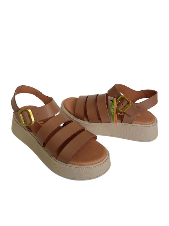 Deri Damen Anatomische Flatforms Tabac Braun Sandalen