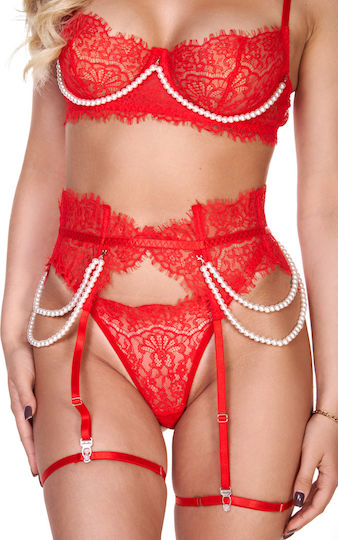 Set Sutien Dantelat Reglabil String Chilot Jartieră Perle Roșii