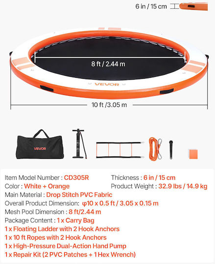 Vevor Saltea Gonflabilă Pentru Plajă Cu Mânere Portocalie 305x15cm