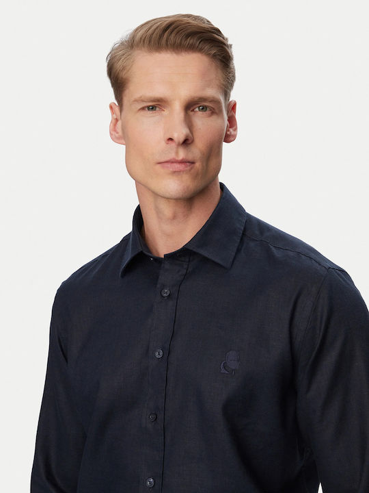 Long Sleeve Linen Shirt Dark Blue