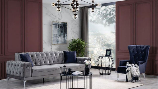 Stewehome Living Room Furniture Set Eda 3+3+1 Quilted Sofas Dark Blue Grey 220x90x80 Cm