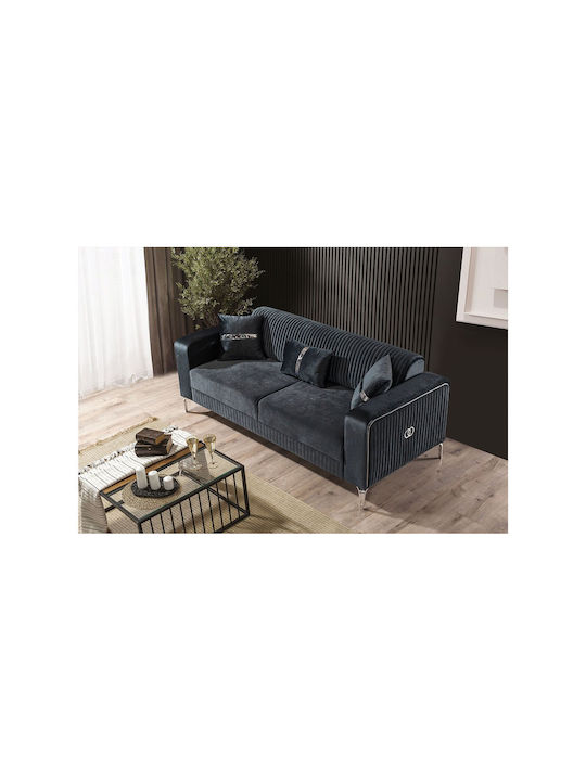 SteweHome Wohnzimmermöbel-Set Prenses 3+3+1 Weiße Beine Anthrazit Creme 225x90x77 cm