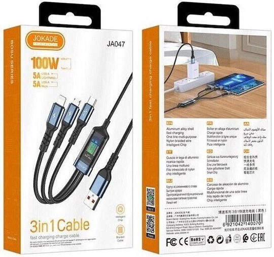 Jokade Cablu USB la micro USB / Type-C / Lightning cu mai multe porturi Negru 1.2m