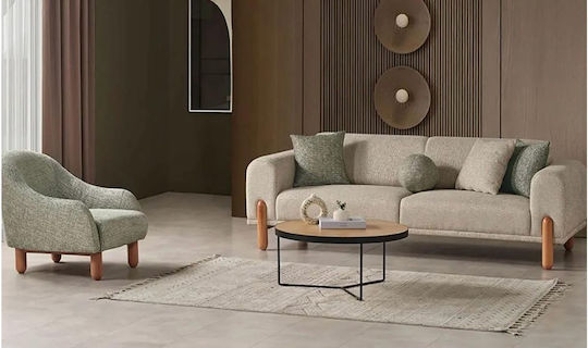 Stewehome Set Canapele Bohem 2+1 Picioare Din Lemn Bej Verde Măsliniu 220x90x81 Cm