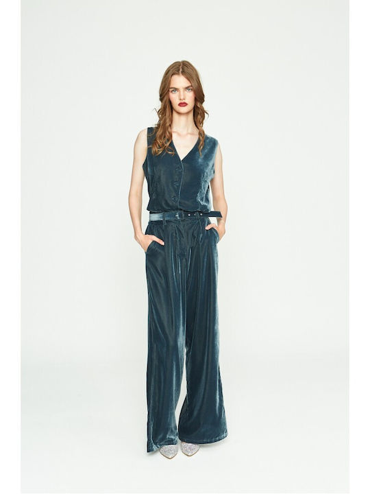 Damen Samt Pantaloona Blumen Petrol